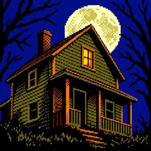 Amityville: Haunted House icon: the house under the moon, in pixel art