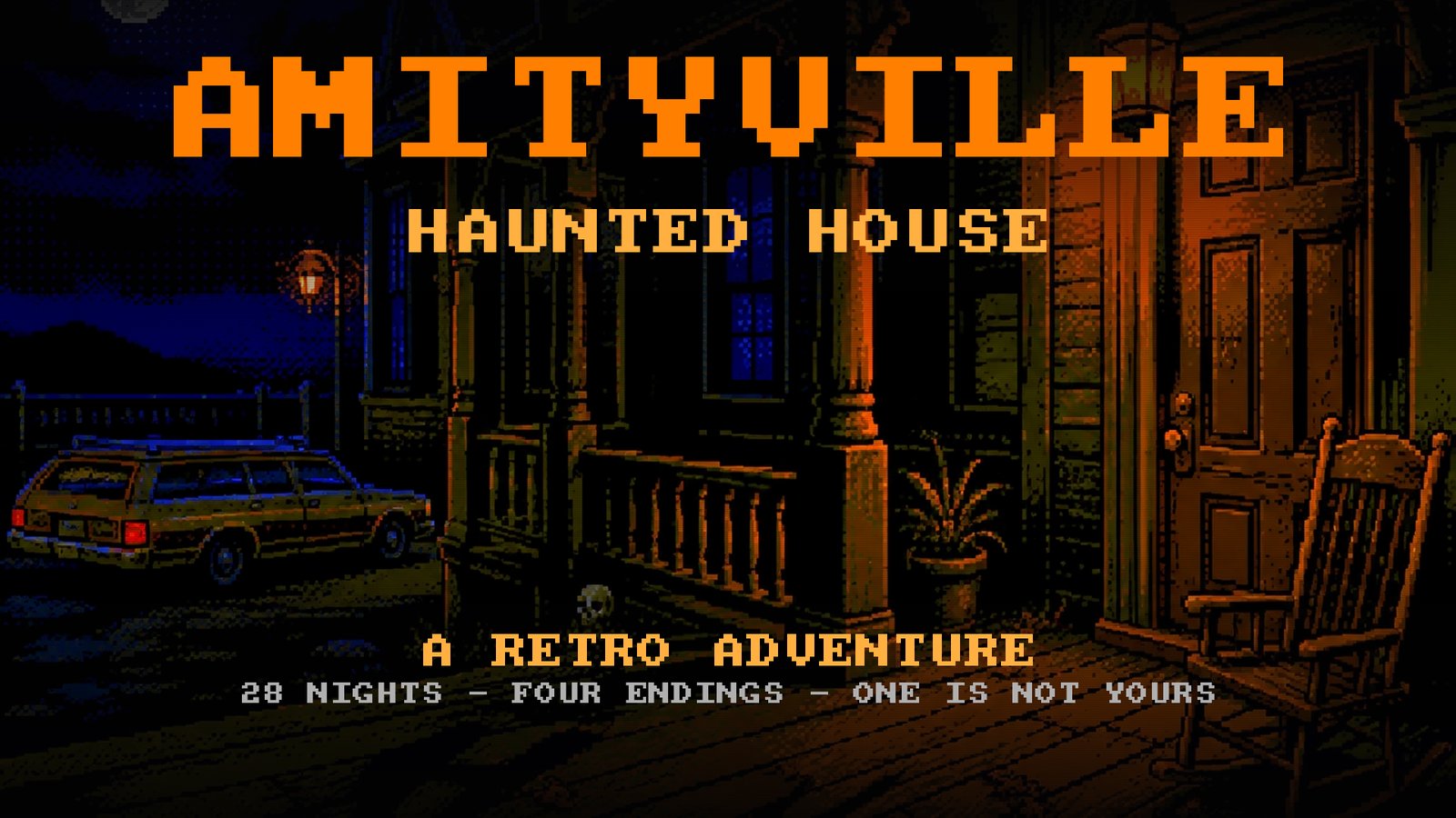 Key art: the porch of the house at night, lamplit, a station wagon in the drive; title Amityville, Haunted House, a retro adventure