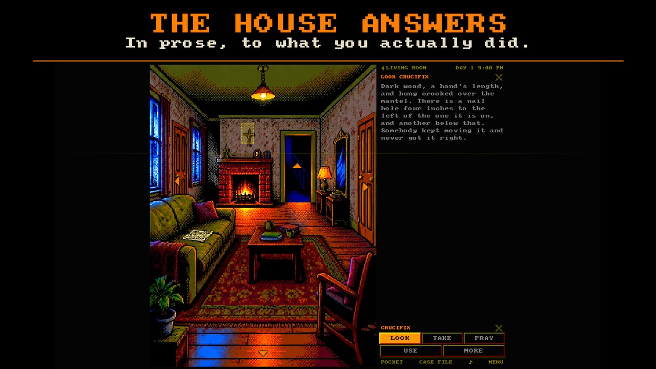 The living room: the house answers LOOK CRUCIFIX in a paragraph of prose