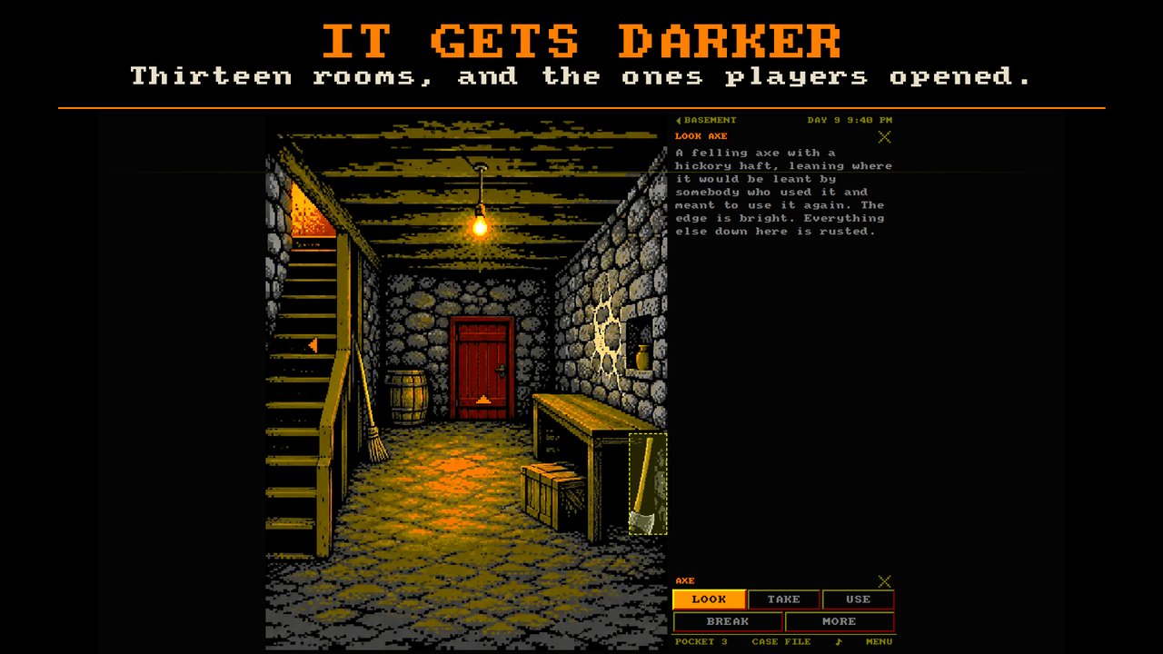 The basement, lamplit, in dithered pixel art
