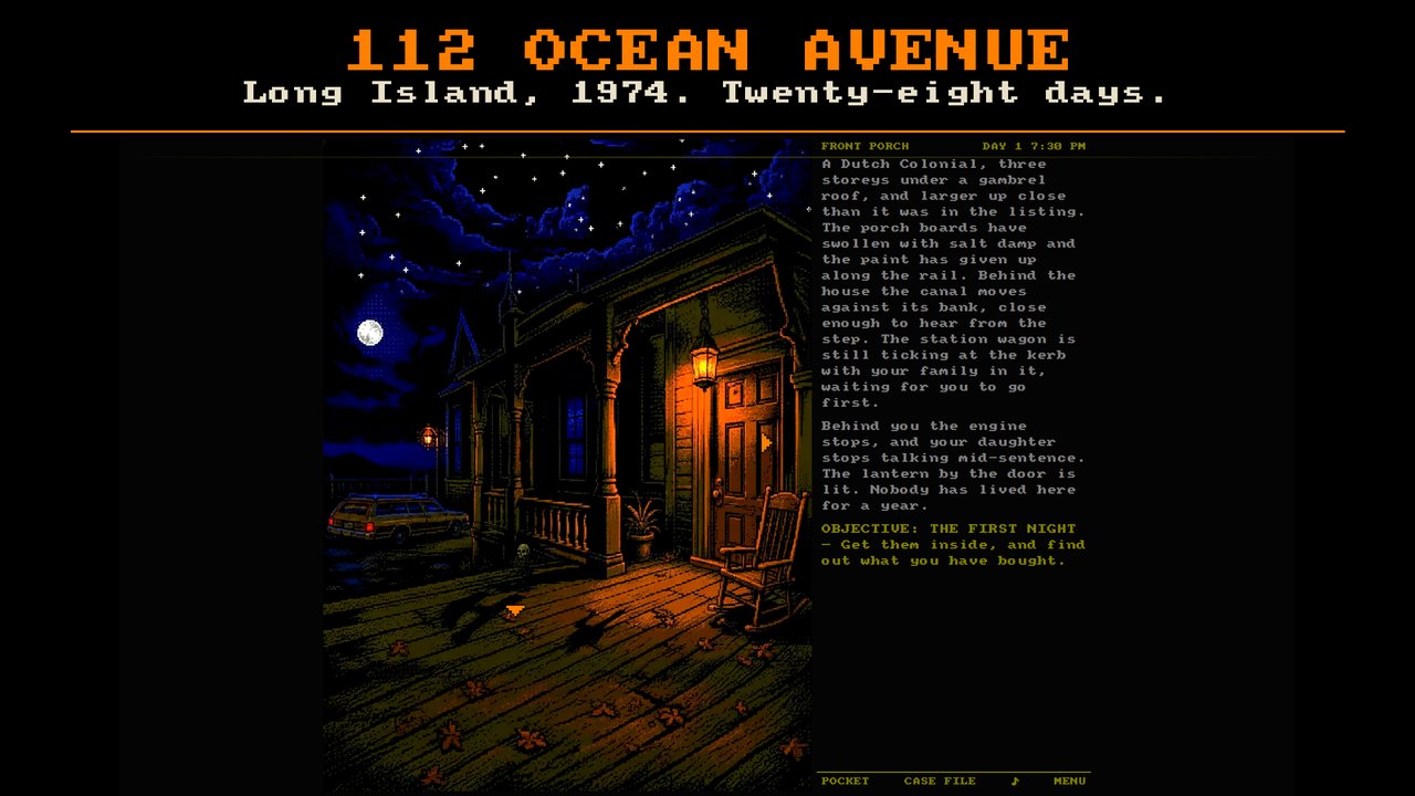 The porch of 112 Ocean Avenue at night, the first picture of the game