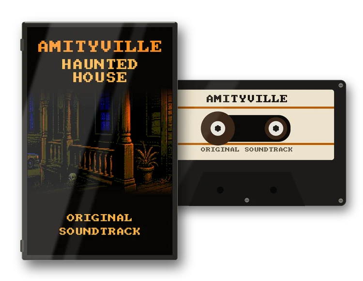 The soundtrack on cassette: the case with the porch of the house at night on its card, titled Amityville, Haunted House, Original Soundtrack, and the tape beside it