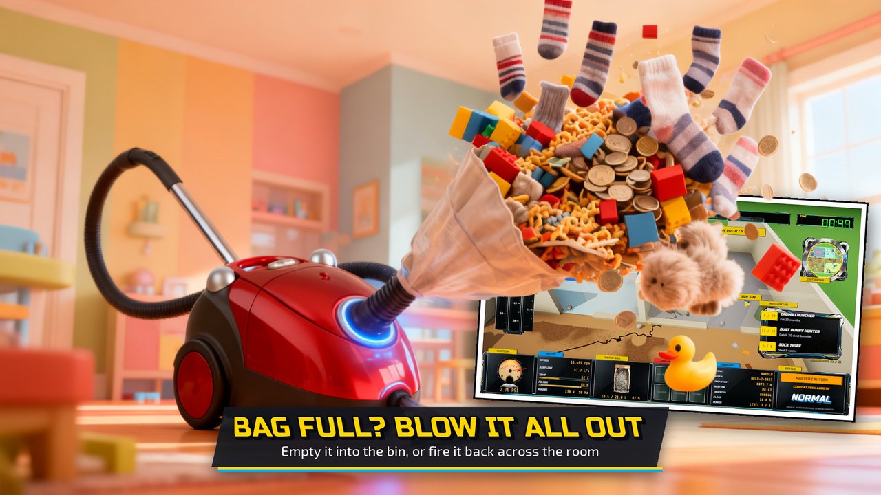 The full bag blown back out across the room