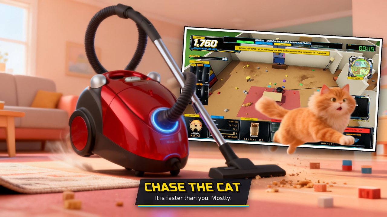 Chasing the cat through the living room