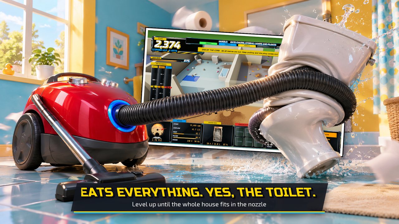 The vacuum swallowing the toilet, with a real capture of the game pinned on top