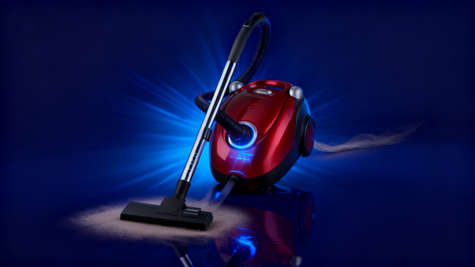 Key art: a red sled vacuum in a navy studio, dust swirling into the hose