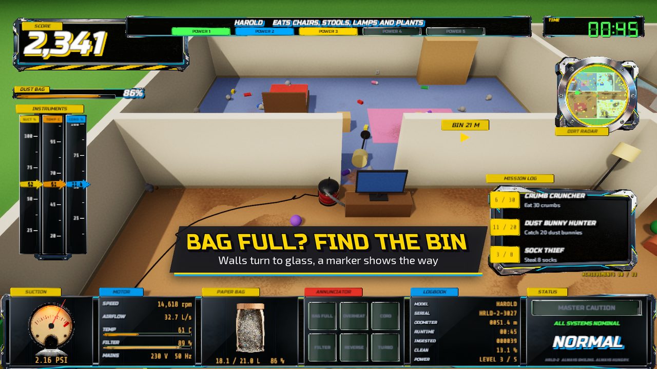 In-game: emptying the dust bag into the bin
