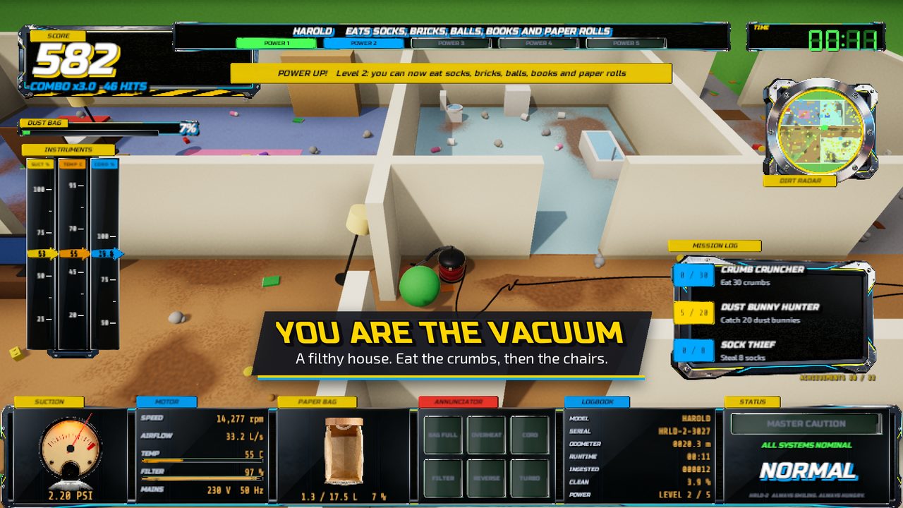 In-game: the cockpit with its suction gauge, dust bag, motor readouts and mission log